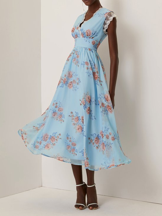 Light Blue Floral Lace Chiffon V Neck Cap Sleeve A-Line Maxi Dress