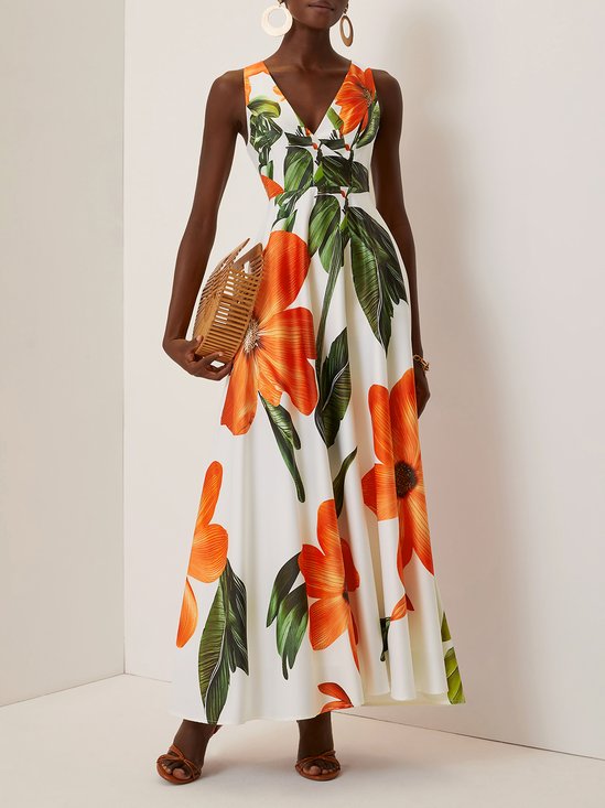 Orange Floral Satin V Neck Sleeveless A-Line Maxi Dress