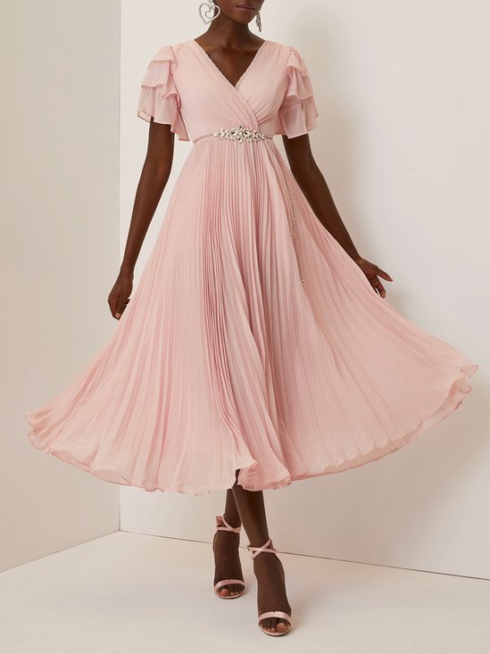 Pink Pleated Hot Drilling Chiffon V Neck Short Sleeve Ruffle Sleeve A-Line Maxi Dress