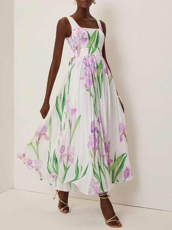 White Pleated Floral Chiffon Square Neck Sleeveless A-Line Maxi Dress