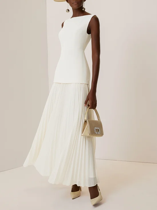 Off White Pleated Classic Boat Neck Sleeveless A-Line Gown Dress