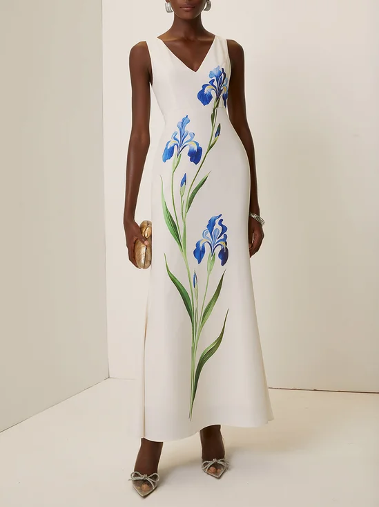White Floral Classic V Neck Sleeveless A-Line Gown Dress