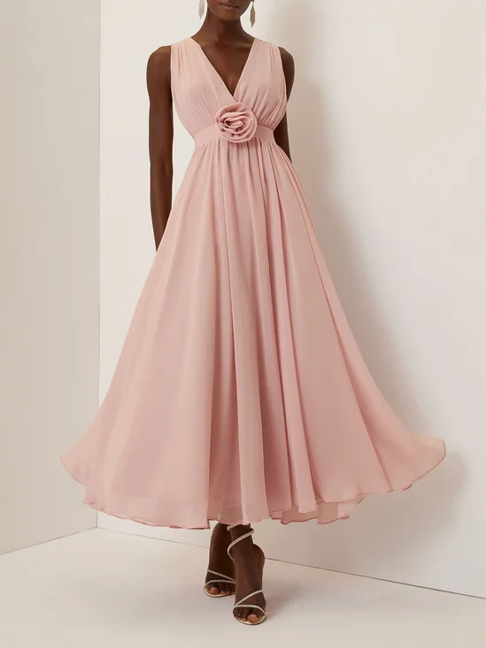 Pink 3D Floral Ruched Chiffon V Neck Sleeveless A-Line Maxi Dress