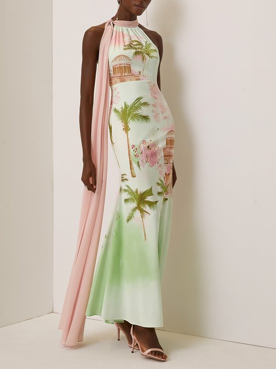 Green Floral Satin Halter Sleeveless A-Line Maxi Dress