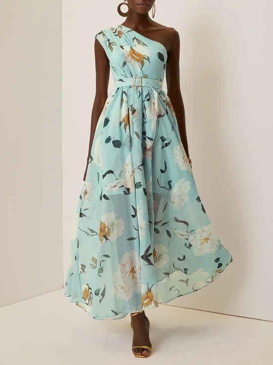 Light Green Floral Ruched One Shoulder A-Line Maxi Chiffon Dress