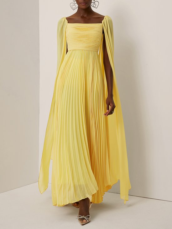 Yellow Pleated Chiffon Square Neck Long Sleeve A-Line Gown Dress