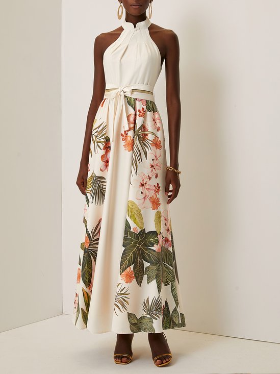 Beige Floral Bow Satin Halter Sleeveless A-Line Maxi Dress