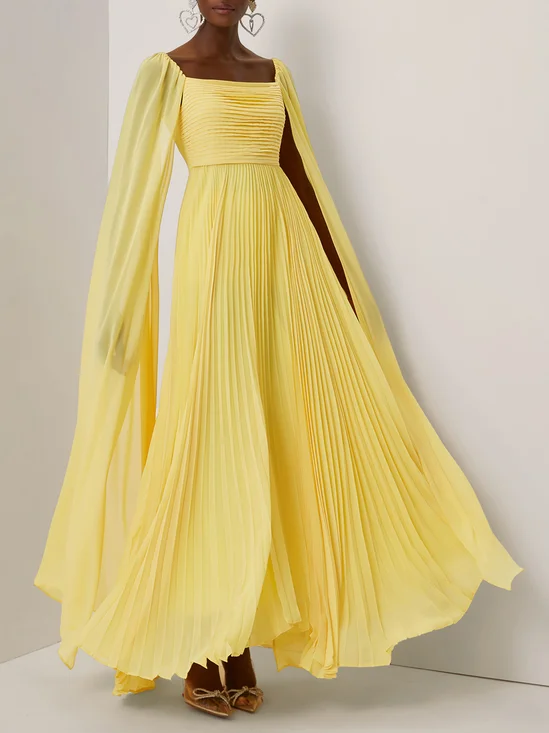 Yellow Pleated Chiffon Square Neck Long Sleeve A-Line Gown Dress