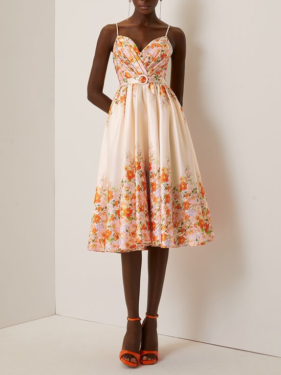 Beige Floral Spaghetti Sleeveless A-Line Midi Dress