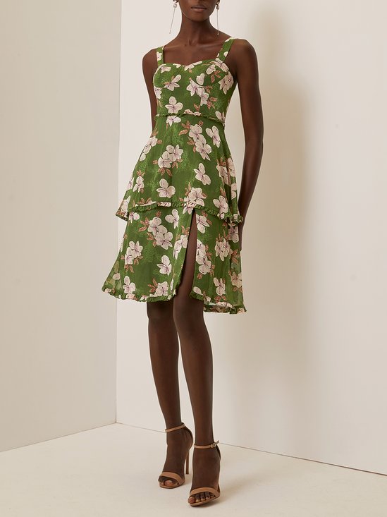 Green Jacquard Tiered Classic Spaghetti Sleeveless A-Line Midi Dress