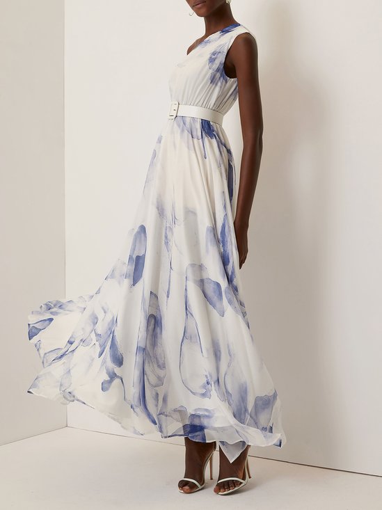 Blue Ruched Asymmetric Chiffon One Shoulder Short Sleeve A-Line Maxi Dress