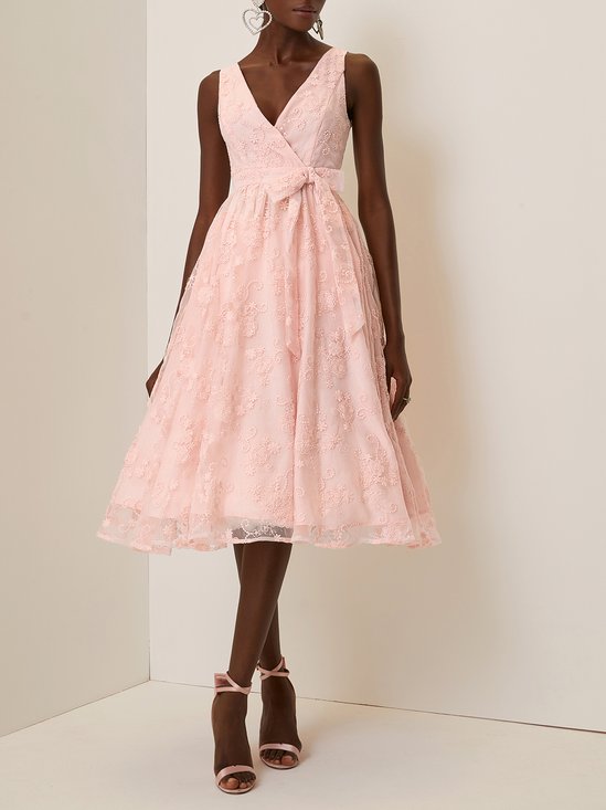 Light Pink Bow Classic V Neck Sleeveless A-Line Midi Dress