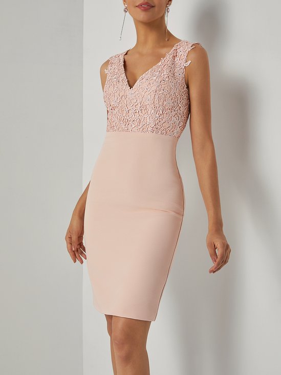 Pink Lace Padded Classic V Neck Sleeveless Sheath Midi Dress