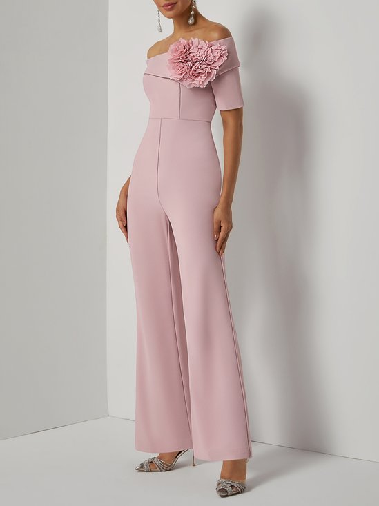 Women Pink 3D Floral Off The Shoulder Short Sleeve Dressy Jumpsuit