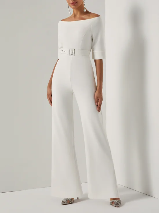Women White Off The Shoulder Half Sleeve Dressy Jumpsuit