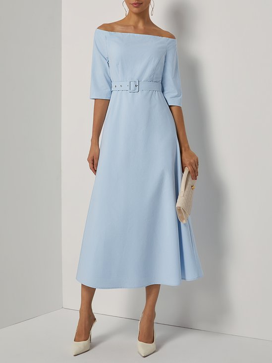 Light Blue Cotton Off The Shoulder Half Sleeve A-Line Maxi Dress
