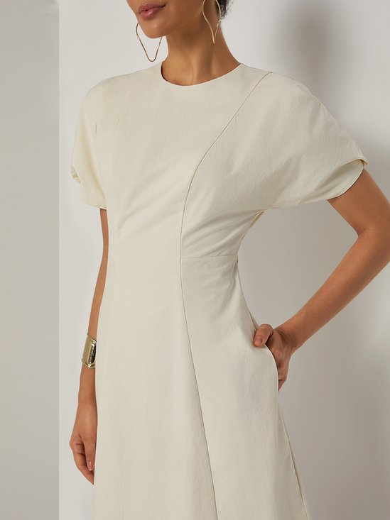 White Lyocell Cotton Crew Neck Short Sleeve Raglan Sleeves A-Line Midi Dress