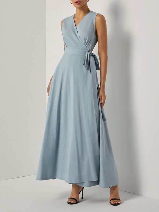 Light Blue Bow Beaded Cotton Wrap V Neck Sleeveless A-Line Maxi Dress