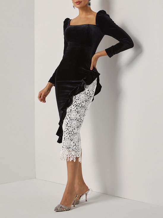 Black Lace Ruffled Velvet Square Neck Long Sleeve Sheath Midi Dress