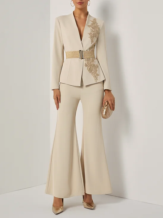 Women Apricot Applique Embroidery Deep V Neck Long Sleeve Dressy Coat With Pants Two-Piece Set