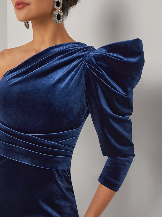 Royal Blue Velvet One Shoulder Three Quarter Sleeve Sheath Midi Dress