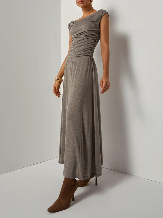 Khaki Lyocell Wool Ruched Knit Off The Shoulder Sleeveless A-Line Maxi Dress