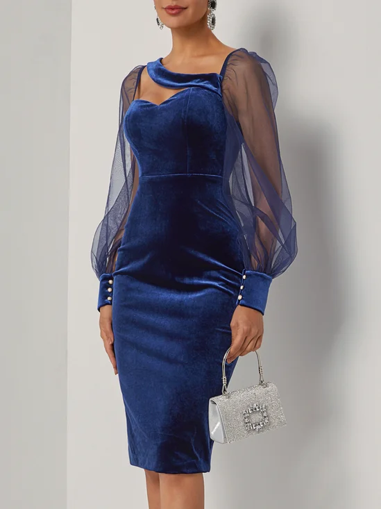 Purplish blue Split Joint Mesh Velvet Long Sleeve Balloon Sleeve Sheath Midi Dress
