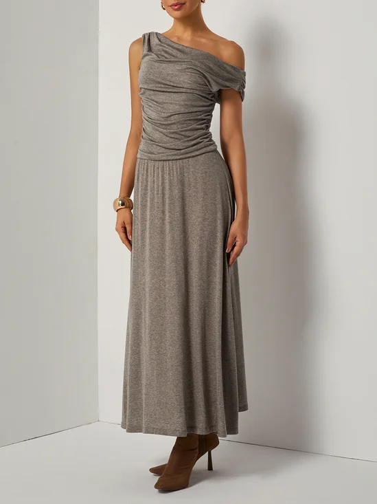 Khaki Lyocell Wool Ruched Knit Off The Shoulder Sleeveless A-Line Maxi Dress