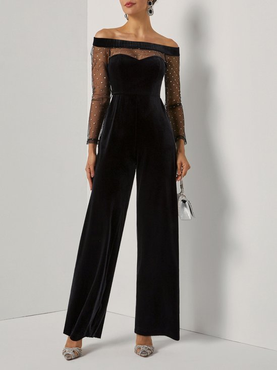 Women Black Mesh Off The Shoulder Long Sleeve Dressy Jumpsuit