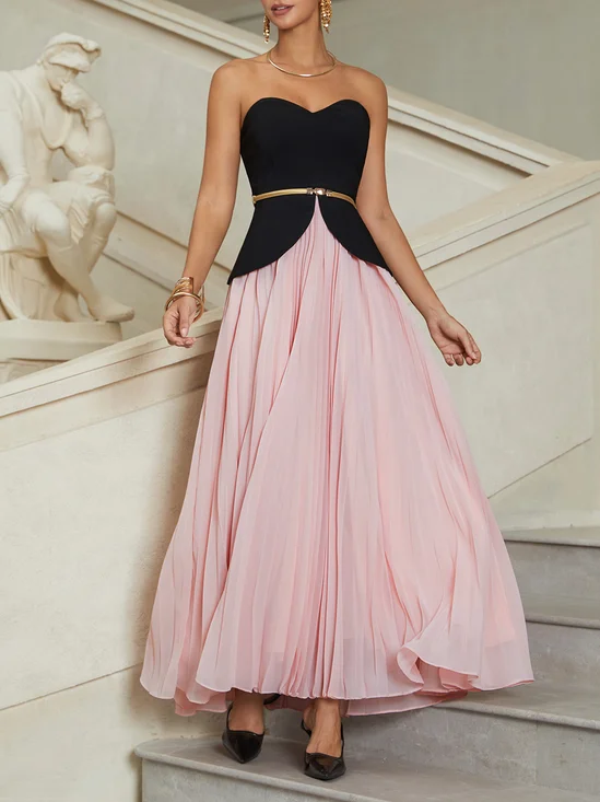 Women Black Pink Pleated Strapless Sleeveless Dressy Top With Skirt Two-Piece Set