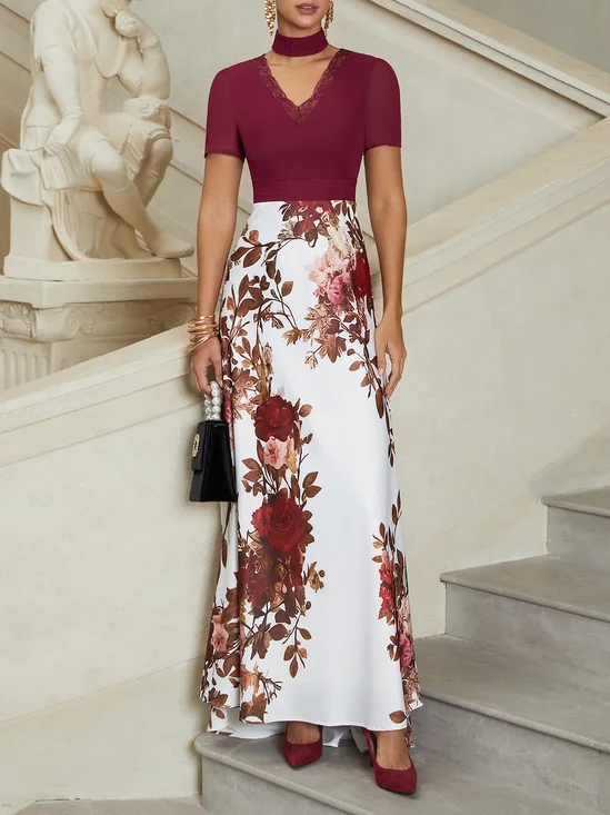 Wine Red Lace Floral Satin V Neck Short Sleeve A-Line Gown Dress
