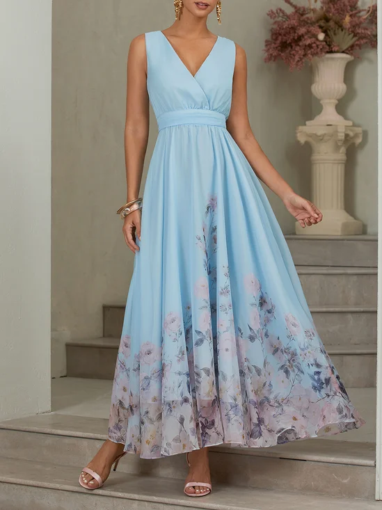 Light Blue Floral Chiffon V Neck Sleeveless A-Line Maxi Dress