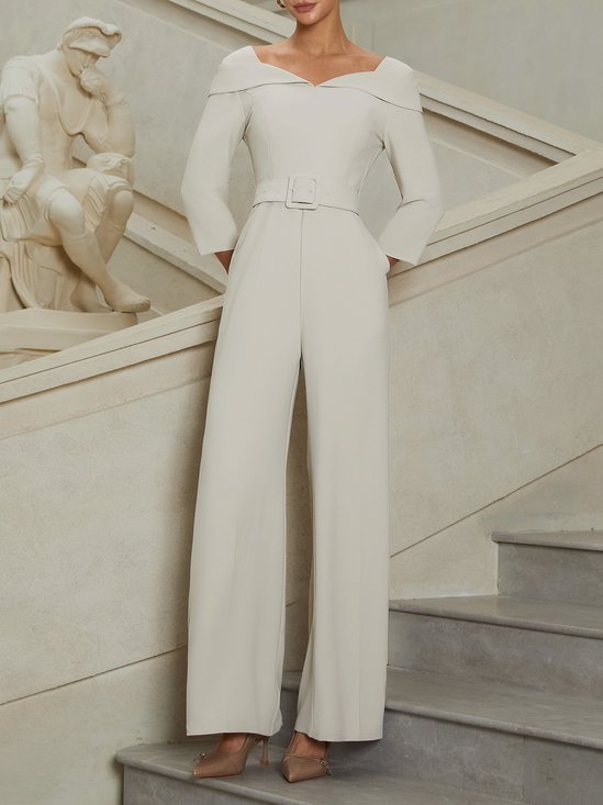 Women Beige Sweetheart Neckline Three Quarter Sleeve Dressy Jumpsuit