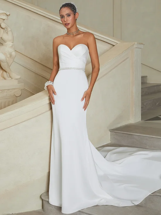White Beaded Bridal/Wedding Dress Strapless Sleeveless A-Line Gown Dress