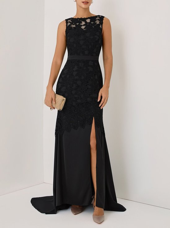 Black Lace Split Joint Classic Boat Neck Sleeveless Mermaid Gown Dress