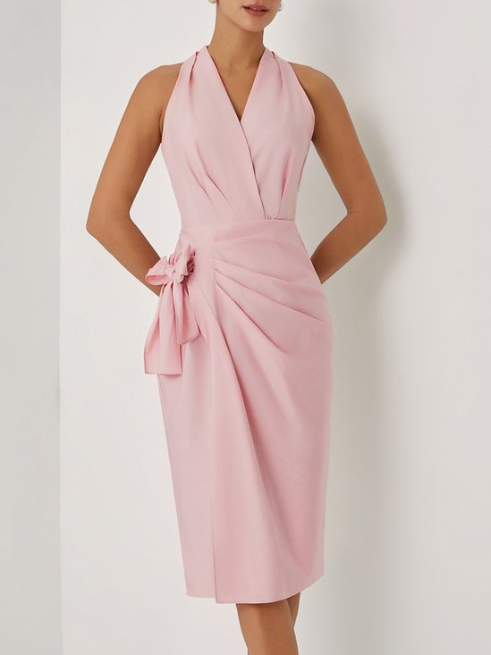 Pink Bow Cotton Halter Sleeveless Sheath Midi Dress