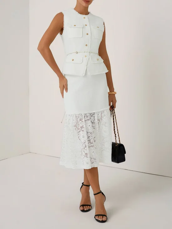 Women White Buckle Lace Crew Neck Sleeveless Dressy Top With Skirt Two-Piece Set
