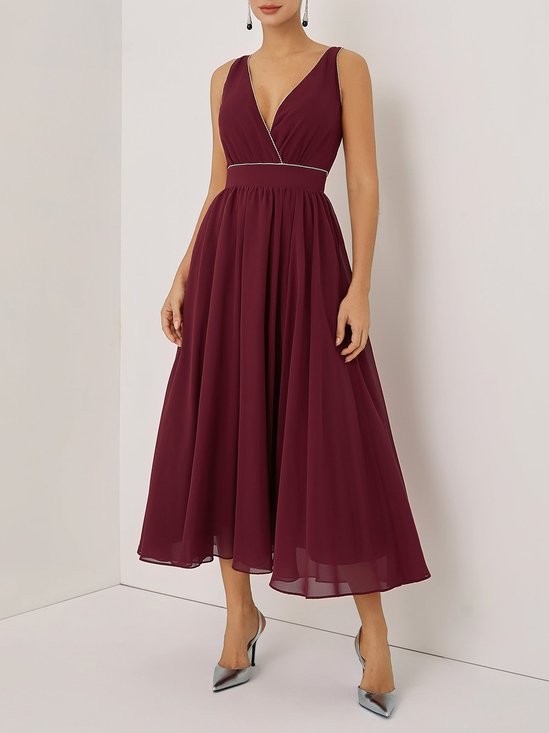Wine Red Rhinestone V Neck Sleeveless A-Line Maxi Dress