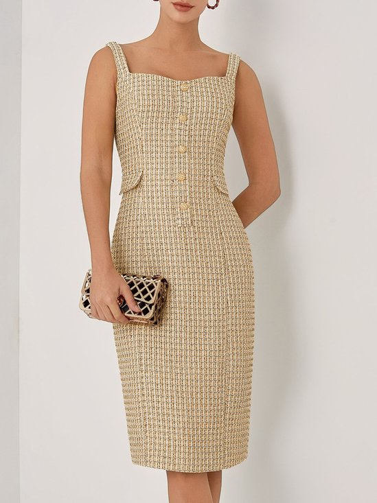 Golden Buckle Pocket Stitching Tweed Spaghetti Sleeveless Sheath Midi Dress