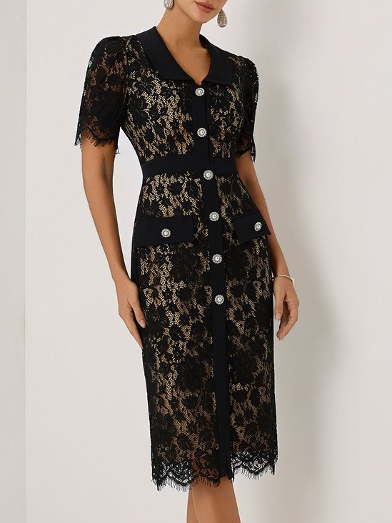 Black Buckle Lace Shawl Collar Short Sleeve Puff Sleeve Sheath Midi Dress
