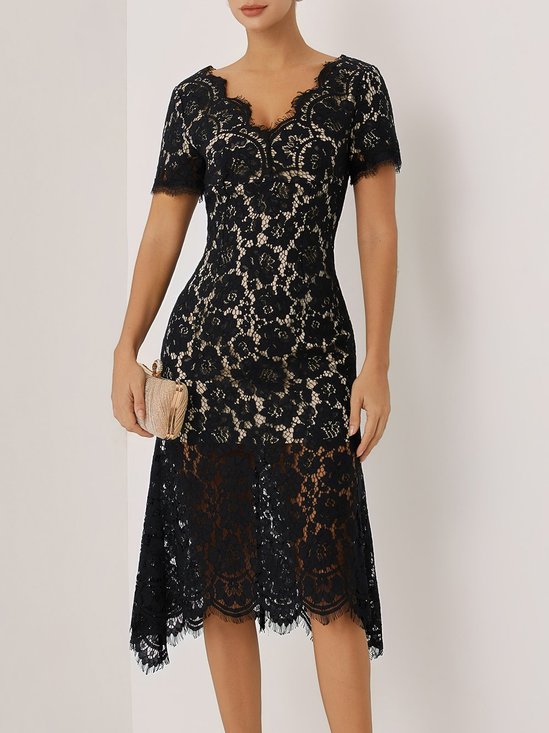 Black Lace Edge Lace V Neck Short Sleeve Mermaid Midi Dress