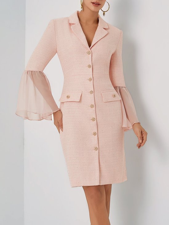 Light Pink Buckle Mesh Tweed Lapel Collar Long Sleeve Bell Sleeve Sheath Midi Dress
