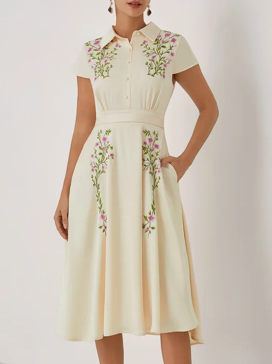 Apricot Embroidery Floral Classic Shirt Collar Cap Sleeve A-Line Midi Dress