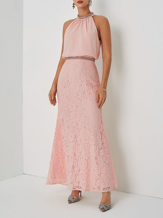 Pink Rhinestone Ruched Lace Crew Neck Sleeveless Mermaid Gown Dress