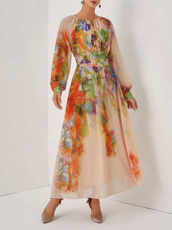 Pink Floral Ruched Chiffon Crew Neck Long Sleeve Puff Sleeve A-Line Maxi Dress