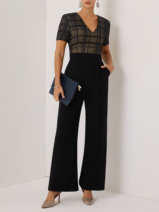 Women Black V Neck Short Sleeve Dressy Jumpsuit