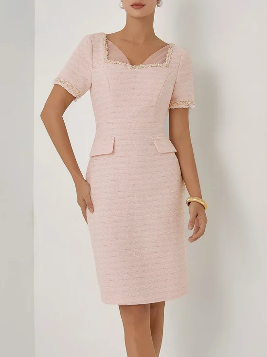 Pink Tweed Sweetheart Neckline Short Sleeve Sheath Midi Dress