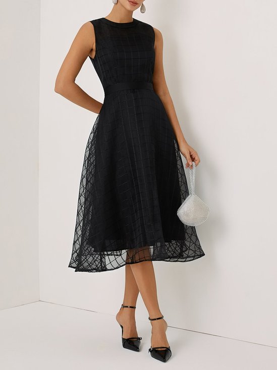 Black Classic Crew Neck Sleeveless A-Line Midi Dress