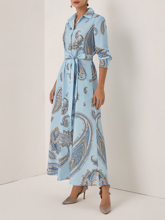 Light Blue Floral Shirt Dress Shirt Collar Long Sleeve A-Line Maxi Dress