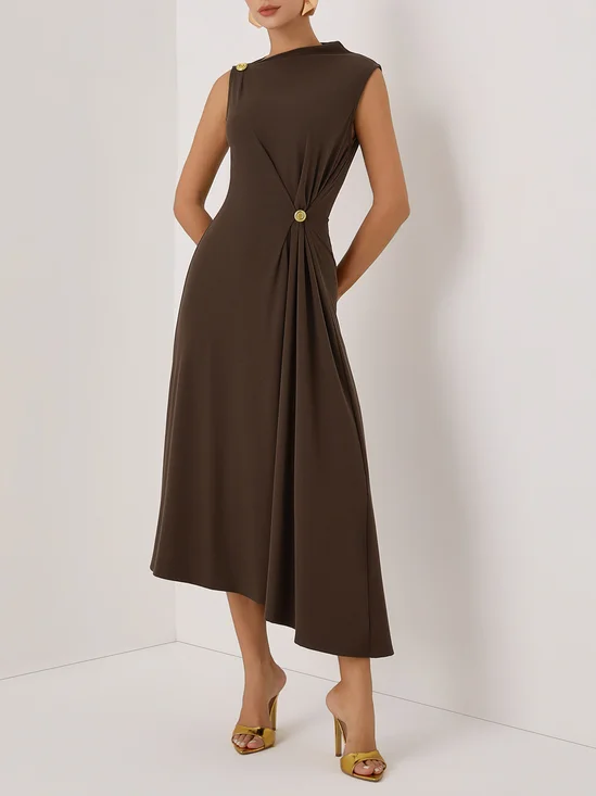Brown Buckle Ruched Cotton Knit Asymmetrical Sleeveless A-Line Maxi Dress